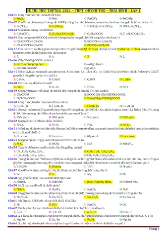 Bộ đề thi thử THPT Quốc gia 2021 môn Hóa học 12 - Trường THPT Quỳnh Thọ (Có đáp án)