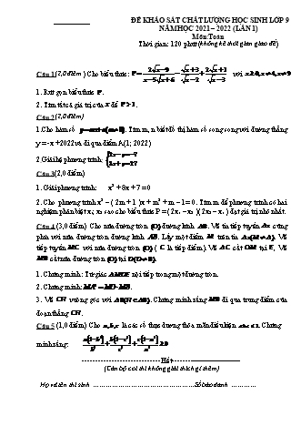 Đề khảo sát chất lượng lần 1 học sinh Lớp 9 môn Toán - Năm học 2021-2022 (Có đáp án)