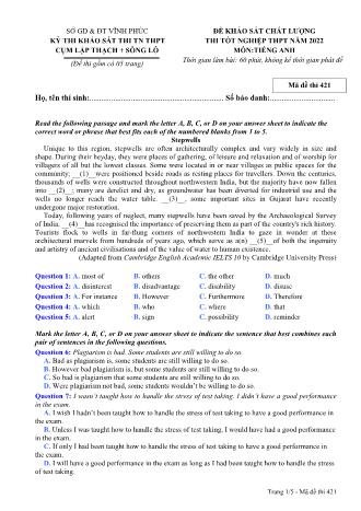 Đề khảo sát chất lượng thi tốt nghiệp THPT năm 2022 môn Tiếng Anh 12 - Mã đề thi 421 (Có đáp án)
