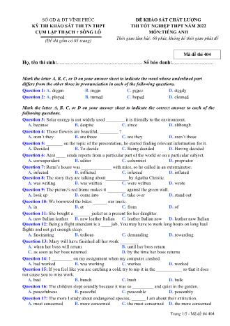 Đề khảo sát chất lượng thi tốt nghiệp THPT năm 2022 môn Tiếng Anh 12 - Mã đề thi 404 (Có đáp án)