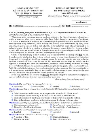 Đề khảo sát chất lượng thi tốt nghiệp THPT năm 2022 môn Tiếng Anh 12 - Mã đề thi 423 (Có đáp án)