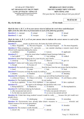 Đề khảo sát chất lượng thi tốt nghiệp THPT năm 2022 môn Tiếng Anh 12 - Mã đề thi 403 (Có đáp án)