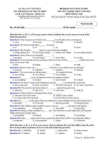 Đề khảo sát chất lượng thi tốt nghiệp THPT năm 2022 môn Tiếng Anh 12 - Mã đề thi 408 (Có đáp án)
