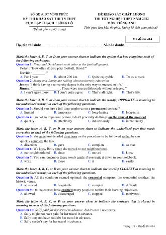 Đề khảo sát chất lượng thi tốt nghiệp THPT năm 2022 môn Tiếng Anh 12 - Mã đề thi 414 (Có đáp án)