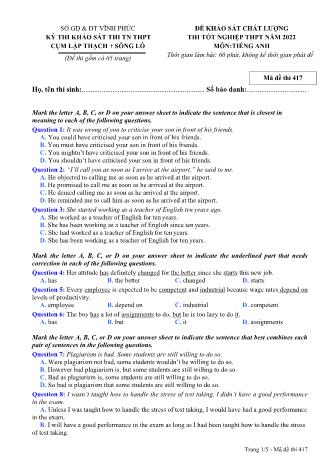 Đề khảo sát chất lượng thi tốt nghiệp THPT năm 2022 môn Tiếng Anh 12 - Mã đề thi 417 (Có đáp án)