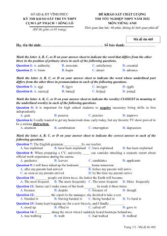 Đề khảo sát chất lượng thi tốt nghiệp THPT năm 2022 môn Tiếng Anh 12 - Mã đề thi 405 (Có đáp án)