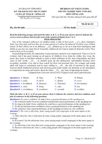 Đề khảo sát chất lượng thi tốt nghiệp THPT năm 2022 môn Tiếng Anh 12 - Mã đề thi 422 (Có đáp án)