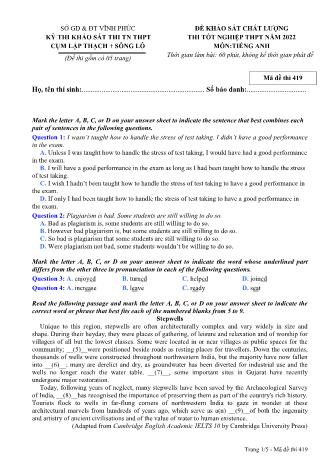Đề khảo sát chất lượng thi tốt nghiệp THPT năm 2022 môn Tiếng Anh 12 - Mã đề thi 419 (Có đáp án)