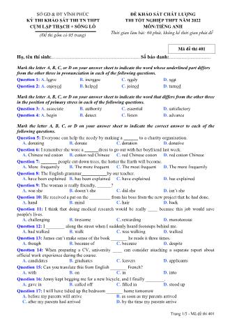Đề khảo sát chất lượng thi tốt nghiệp THPT năm 2022 môn Tiếng Anh 12 - Mã đề thi 401 (Có đáp án)