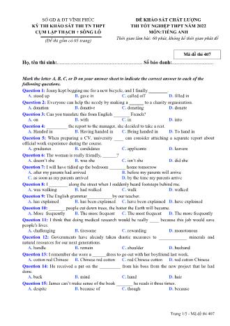 Đề khảo sát chất lượng thi tốt nghiệp THPT năm 2022 môn Tiếng Anh 12 - Mã đề thi 407 (Có đáp án)