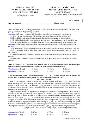 Đề khảo sát chất lượng thi tốt nghiệp THPT năm 2022 môn Tiếng Anh 12 - Mã đề thi 420 (Có đáp án)