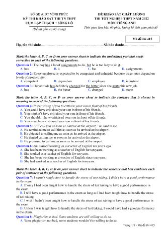 Đề khảo sát chất lượng thi tốt nghiệp THPT năm 2022 môn Tiếng Anh 12 - Mã đề thi 415 (Có đáp án)