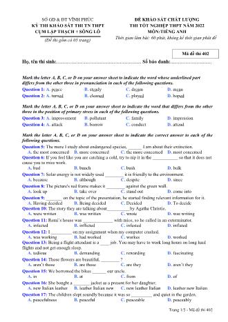 Đề khảo sát chất lượng thi tốt nghiệp THPT năm 2022 môn Tiếng Anh 12 - Mã đề thi 402 (Có đáp án)
