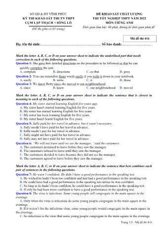 Đề khảo sát chất lượng thi tốt nghiệp THPT năm 2022 môn Tiếng Anh 12 - Mã đề thi 416 (Có đáp án)