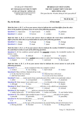 Đề khảo sát chất lượng thi tốt nghiệp THPT năm 2022 môn Tiếng Anh 12 - Mã đề thi 406 (Có đáp án)