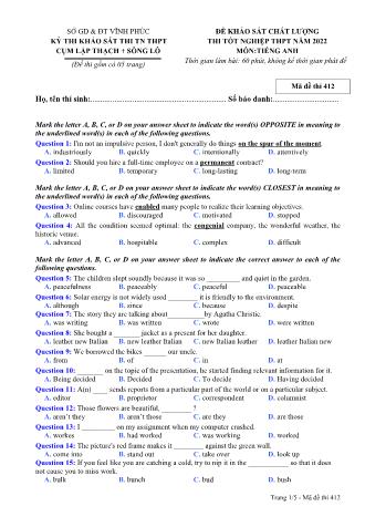 Đề khảo sát chất lượng thi tốt nghiệp THPT năm 2022 môn Tiếng Anh 12 - Mã đề thi 412 (Có đáp án)