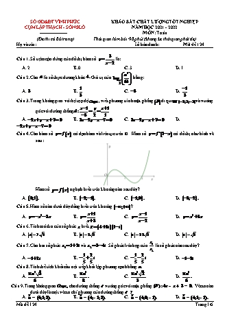 Đề khảo sát chất lượng tốt nghiệp môn Toán học 12 - Năm học 2021-2022 - Mã đề 124 (Có đáp án)