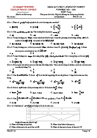 Đề khảo sát chất lượng tốt nghiệp môn Toán học 12 - Năm học 2021-2022 - Mã đề 123 (Có đáp án)