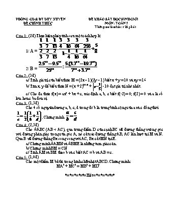 Đề khảo sát học sinh giỏi môn Toán 7 - Phòng GD & ĐT huyện Duy Xuyên (Có đáp án)