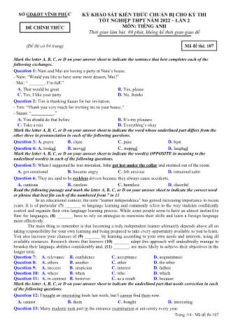 Đề khảo sát kiến thức chuẩn bị cho kỳ thi tốt nghiệp THPT lần 2 năm 2022 môn Tiếng Anh 12 - Mã đề 107 (Có đáp án)