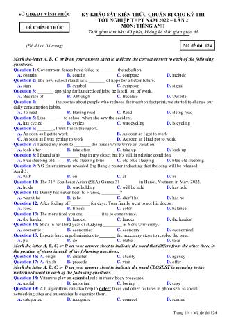 Đề khảo sát kiến thức chuẩn bị cho kỳ thi tốt nghiệp THPT lần 2 năm 2022 môn Tiếng Anh 12 - Mã đề 124 (Có đáp án)
