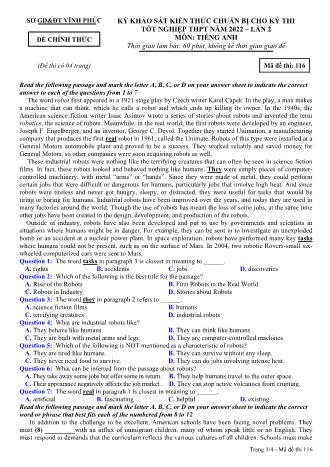 Đề khảo sát kiến thức chuẩn bị cho kỳ thi tốt nghiệp THPT lần 2 năm 2022 môn Tiếng Anh 12 - Mã đề 116 (Có đáp án)