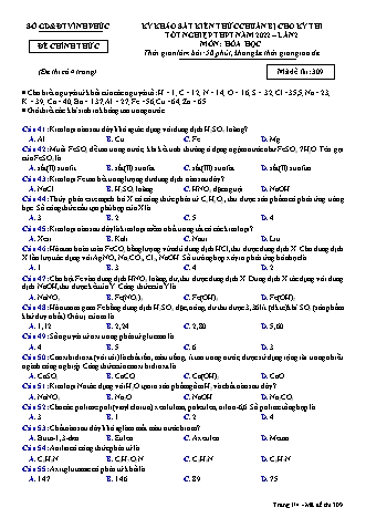Đề khảo sát kiến thức chuẩn bị cho kỳ thi tốt nghiệp THPT lần 2 năm 2022 môn Hóa học 12 - Mã đề 309 (Có đáp án)