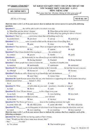 Đề khảo sát kiến thức chuẩn bị cho kỳ thi tốt nghiệp THPT lần 2 năm 2022 môn Tiếng Anh 12 - Mã đề 103 (Có đáp án)