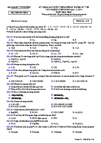 Đề khảo sát kiến thức chuẩn bị cho kỳ thi tốt nghiệp THPT lần 2 năm 2022 môn Hóa học 12 - Mã đề 318 (Có đáp án)