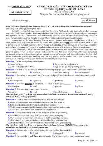 Đề khảo sát kiến thức chuẩn bị cho kỳ thi tốt nghiệp THPT lần 2 năm 2022 môn Tiếng Anh 12 - Mã đề 119 (Có đáp án)