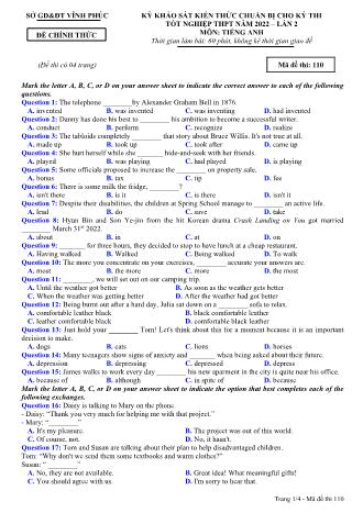 Đề khảo sát kiến thức chuẩn bị cho kỳ thi tốt nghiệp THPT lần 2 năm 2022 môn Tiếng Anh 12 - Mã đề 110 (Có đáp án)