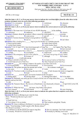 Đề khảo sát kiến thức chuẩn bị cho kỳ thi tốt nghiệp THPT lần 2 năm 2022 môn Tiếng Anh 12 - Mã đề 121 (Có đáp án)
