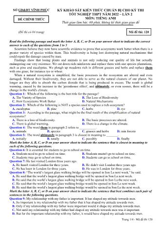 Đề khảo sát kiến thức chuẩn bị cho kỳ thi tốt nghiệp THPT lần 2 năm 2022 môn Tiếng Anh 12 - Mã đề 120 (Có đáp án)