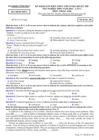 Đề khảo sát kiến thức chuẩn bị cho kỳ thi tốt nghiệp THPT lần 2 năm 2022 môn Tiếng Anh 12 - Mã đề 108 (Có đáp án)