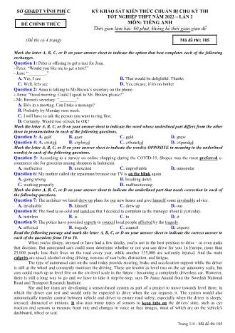 Đề khảo sát kiến thức chuẩn bị cho kỳ thi tốt nghiệp THPT lần 2 năm 2022 môn Tiếng Anh 12 - Mã đề 105 (Có đáp án)