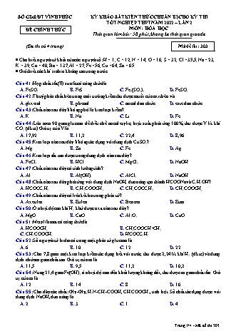 Đề khảo sát kiến thức chuẩn bị cho kỳ thi tốt nghiệp THPT lần 2 năm 2022 môn Hóa học 12 - Mã đề 303 (Có đáp án)