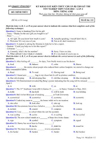 Đề khảo sát kiến thức chuẩn bị cho kỳ thi tốt nghiệp THPT lần 2 năm 2022 môn Tiếng Anh 12 - Mã đề 112 (Có đáp án)