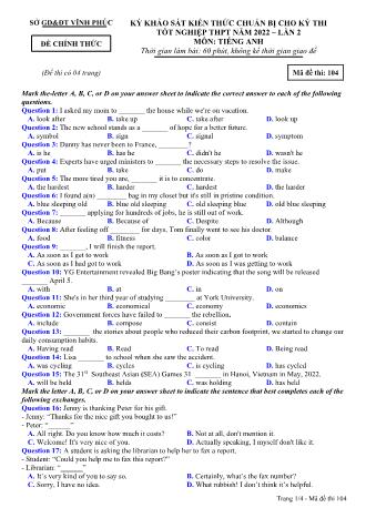 Đề khảo sát kiến thức chuẩn bị cho kỳ thi tốt nghiệp THPT lần 2 năm 2022 môn Tiếng Anh 12 - Mã đề 104 (Có đáp án)