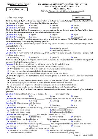 Đề khảo sát kiến thức chuẩn bị cho kỳ thi tốt nghiệp THPT lần 2 năm 2022 môn Tiếng Anh 12 - Mã đề 122 (Có đáp án)
