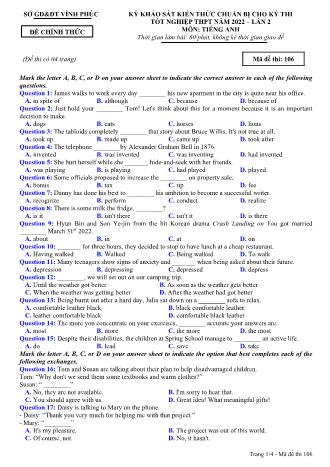 Đề khảo sát kiến thức chuẩn bị cho kỳ thi tốt nghiệp THPT lần 2 năm 2022 môn Tiếng Anh 12 - Mã đề 106 (Có đáp án)