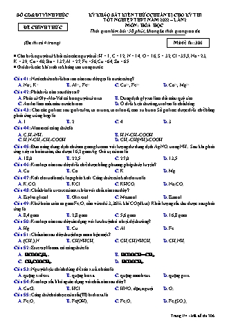 Đề khảo sát kiến thức chuẩn bị cho kỳ thi tốt nghiệp THPT lần 2 năm 2022 môn Hóa học 12 - Mã đề 306 (Có đáp án)
