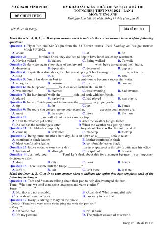 Đề khảo sát kiến thức chuẩn bị cho kỳ thi tốt nghiệp THPT lần 2 năm 2022 môn Tiếng Anh 12 - Mã đề 114 (Có đáp án)