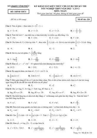 Đề khảo sát kiến thức chuẩn bị cho kỳ thi tốt nghiệp THPT năm 2022 lần 2 môn Toán học 12 - Mã đề thi 220 (Có đáp án)
