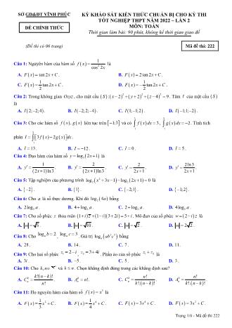 Đề khảo sát kiến thức chuẩn bị cho kỳ thi tốt nghiệp THPT năm 2022 lần 2 môn Toán học 12 - Mã đề thi 222 (Có đáp án)