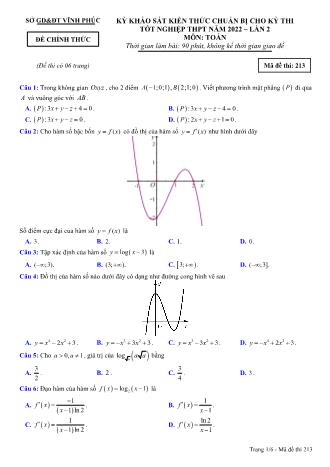 Đề khảo sát kiến thức chuẩn bị cho kỳ thi tốt nghiệp THPT năm 2022 lần 2 môn Toán học 12 - Mã đề thi 213 (Có đáp án)