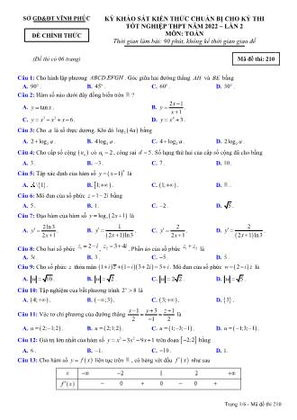 Đề khảo sát kiến thức chuẩn bị cho kỳ thi tốt nghiệp THPT năm 2022 lần 2 môn Toán học 12 - Mã đề thi 210 (Có đáp án)