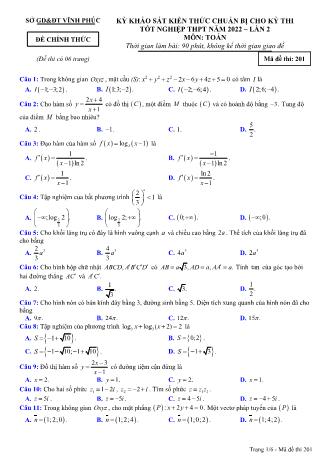 Đề khảo sát kiến thức chuẩn bị cho kỳ thi tốt nghiệp THPT năm 2022 lần 2 môn Toán học 12 - Mã đề thi 201 (Có đáp án)