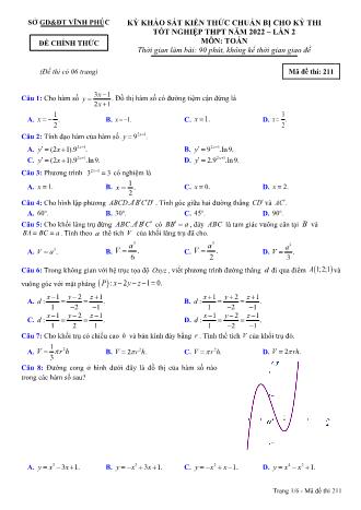 Đề khảo sát kiến thức chuẩn bị cho kỳ thi tốt nghiệp THPT năm 2022 lần 2 môn Toán học 12 - Mã đề thi 211 (Có đáp án)