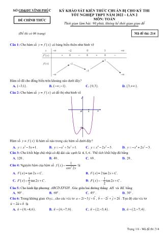 Đề khảo sát kiến thức chuẩn bị cho kỳ thi tốt nghiệp THPT năm 2022 lần 2 môn Toán học 12 - Mã đề thi 214 (Có đáp án)