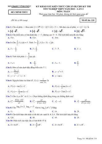 Đề khảo sát kiến thức chuẩn bị cho kỳ thi tốt nghiệp THPT năm 2022 lần 2 môn Toán học 12 - Mã đề thi 218 (Có đáp án)